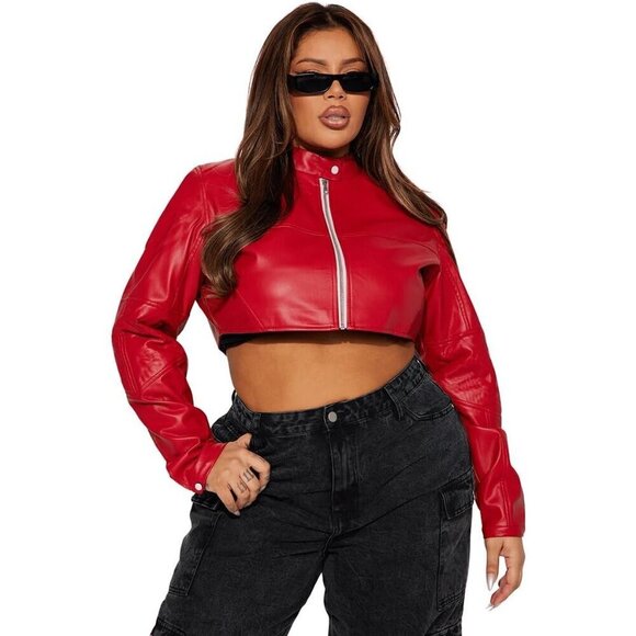 Women's Fashion Faux Leather Jacket Red Short Cropped Slim Zip Up Jackets Coat - Picture 4 of 7